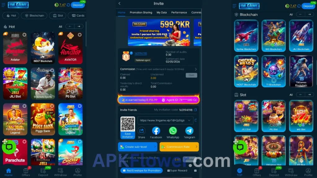 1M.Game App Home dashboard, referral center and second home dashboard of game