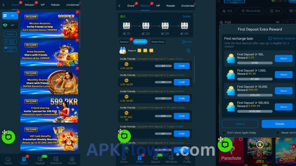 1M.Game VIP promotion section, daily mission and new player first deposit extra bonus