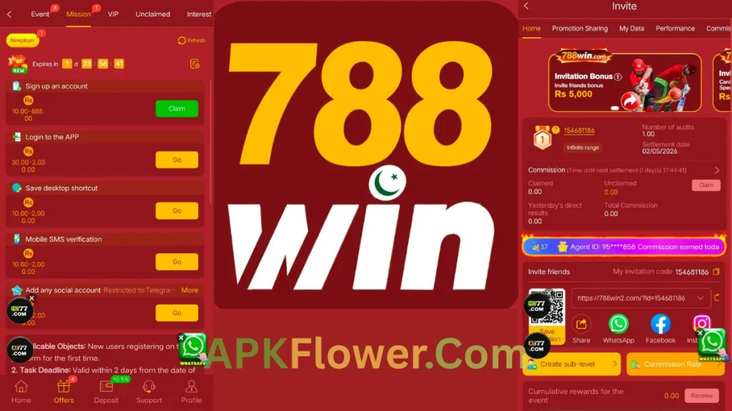 788WIN Game App sign in and login mission rewards, game logo and referral section of game 