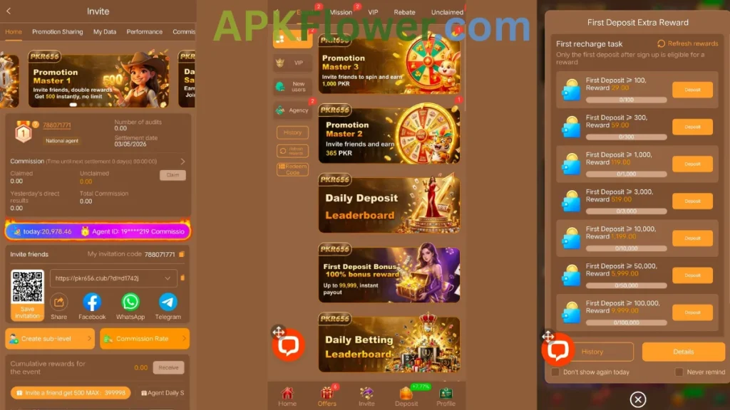 PKR656 Game APK referral section, promotion section and first deposit rewards of game