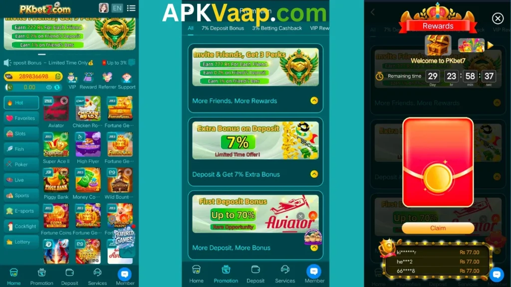 PKbet7 Game App home dashboard, promotion section and daily login rewards.