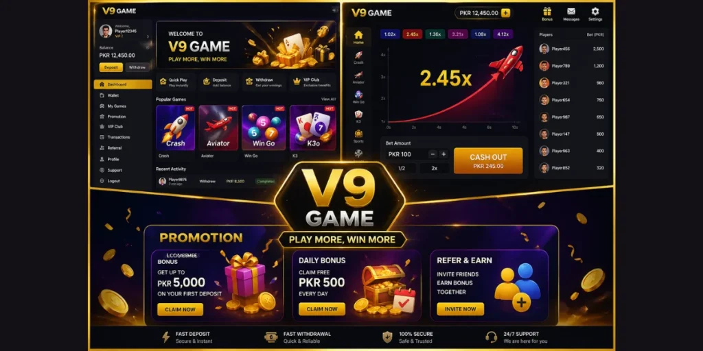 V9 Game App internal interface, home dash board and promotion center
