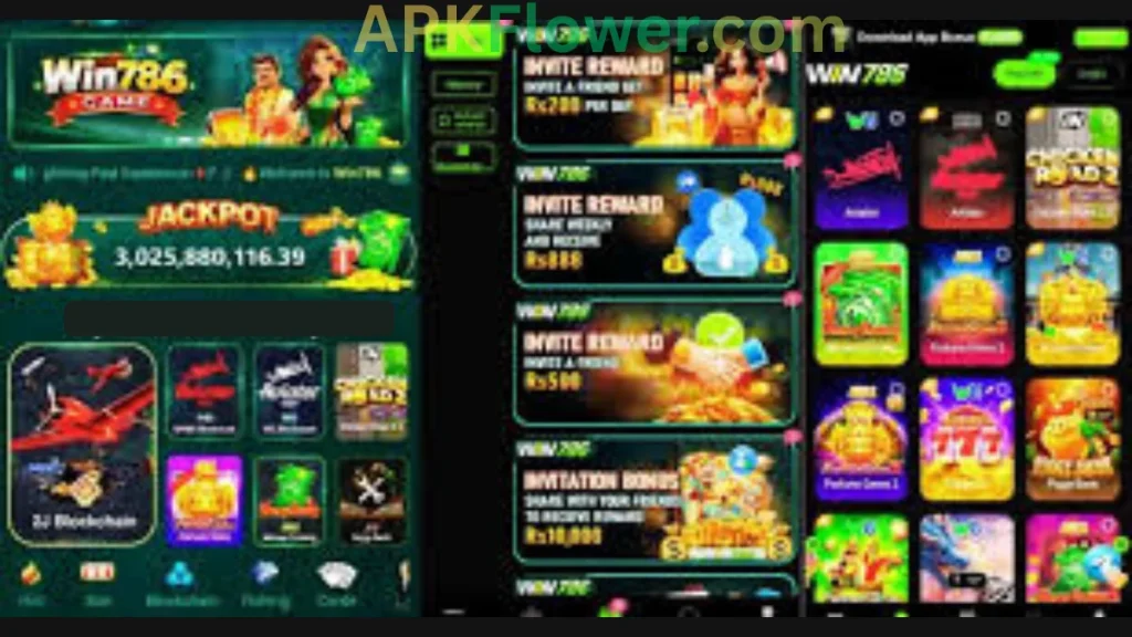 Win786 Game APK internal home desk, home dashboard, and promotion section of game