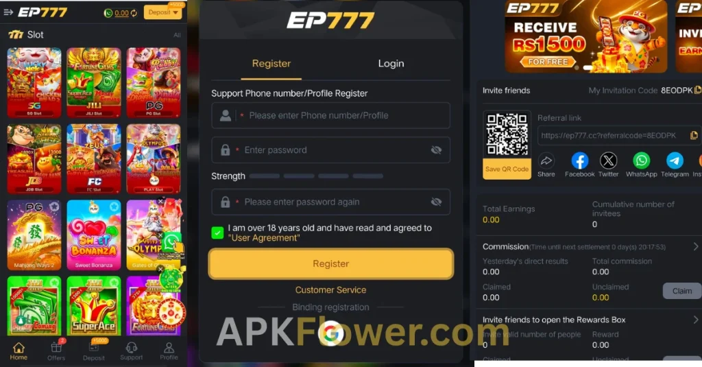 EP777 Game App  home  dashboard, login and register section and referral center